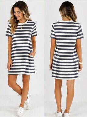 Old Navy Striped T-Shirt Dress Large Gray White Casual Short Sleeve